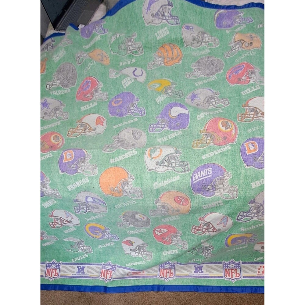 Vintage 1993 NFL Blanket Fleece Quilted Satin Trim 84' X 69' Throw 90s Helmets